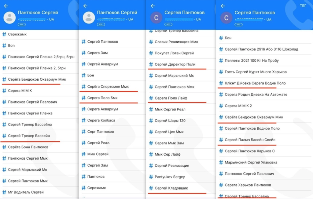 Скріншоти з додатку GetContact, що демонструють як Сергій Пантюков, директор ПП «Полі», підписаний в телефонних книгах абонентів

