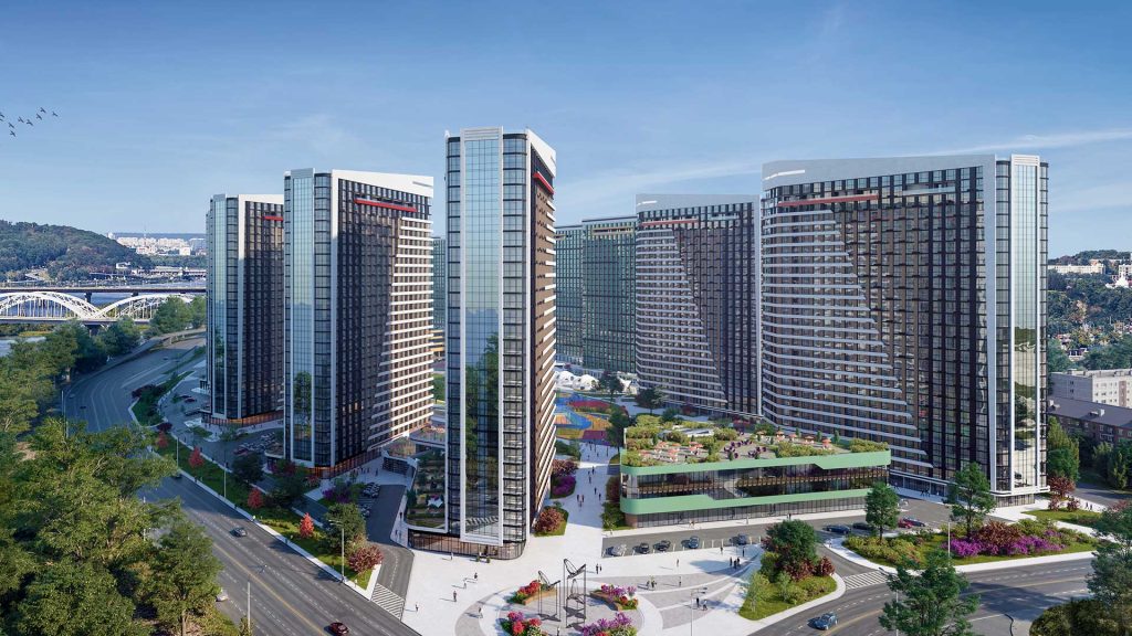 Несколько многоэтажных новых домов у реки Жилой комплекс Great на левом берегу Киева