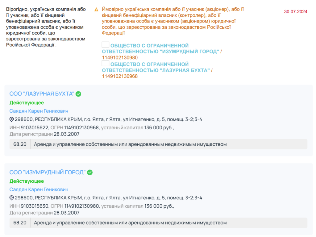 Скріншоти з російських реєстрів з даними про фірми громадянина України Валерія Міщенка в анексованому Криму 
