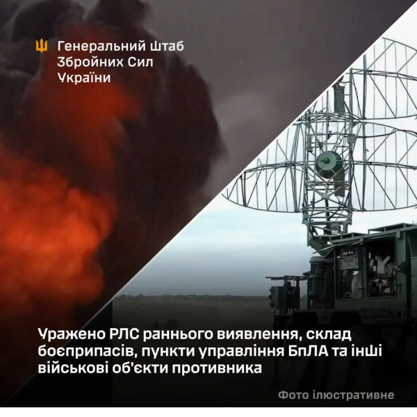 Генштаб: ЗСУ вдарили по РЛС, складах і пунктах управління дронів&hellip;