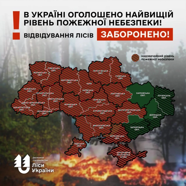 14 лісових пожеж за добу: оголошено найвищий рівень небезпеки 2